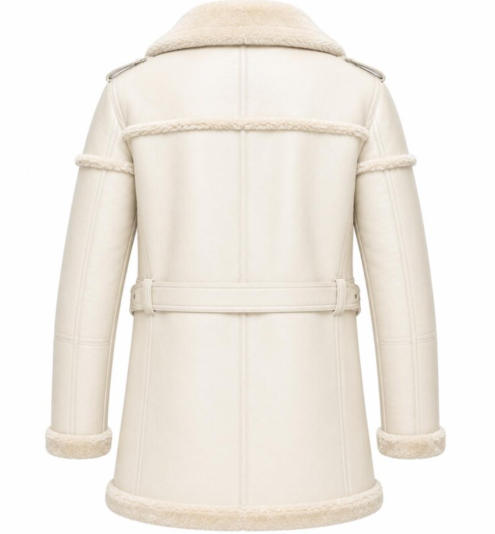 Men's Off-White & Cream Shearling Leather Coat - RAF B3 Aviator Long Sheepskin Trench Jacket
