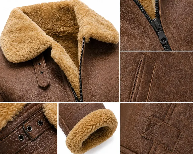 A multi-panel detail collage of a brown faux-leather jacket with a thick tan sherpa lining. The panels show the collar, zipper, chest pocket, sleeve cuff, belt loops, and a patch detail on a white background.